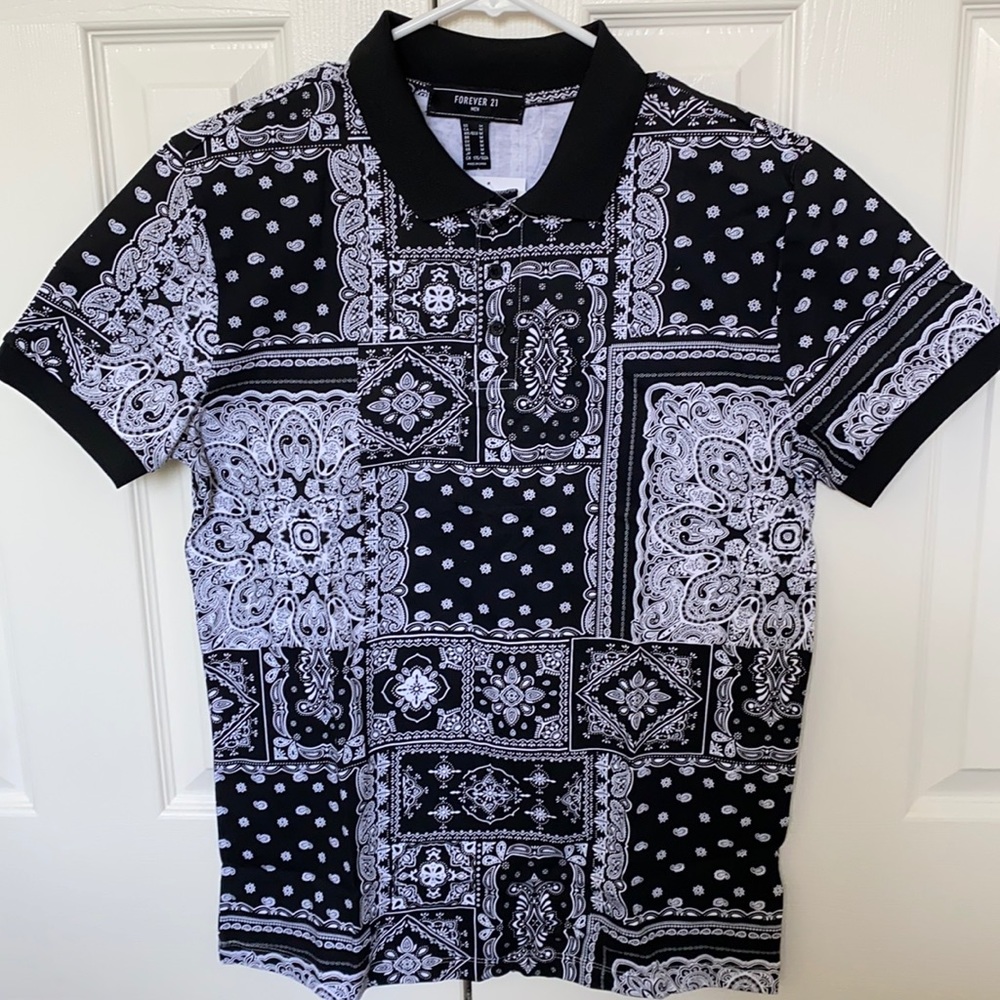 NWT Forever 21 Black and White Bandanna Polo Shirt